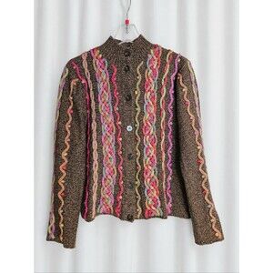 Talbots Vintage Brown Colorful Braided Bobble Knit Lambswool Blend Cardigan